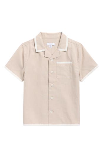 Reiss Kids' Vitan Cuban Short Sleeve Linen Button-up Shirt In Neutral