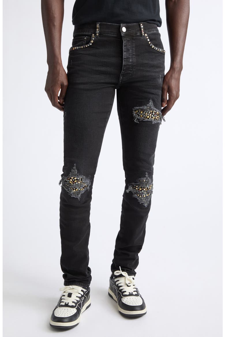 MX1 Studded Patch Ripped Skinny Jeans, Main, color, VINTAGE BLACK
