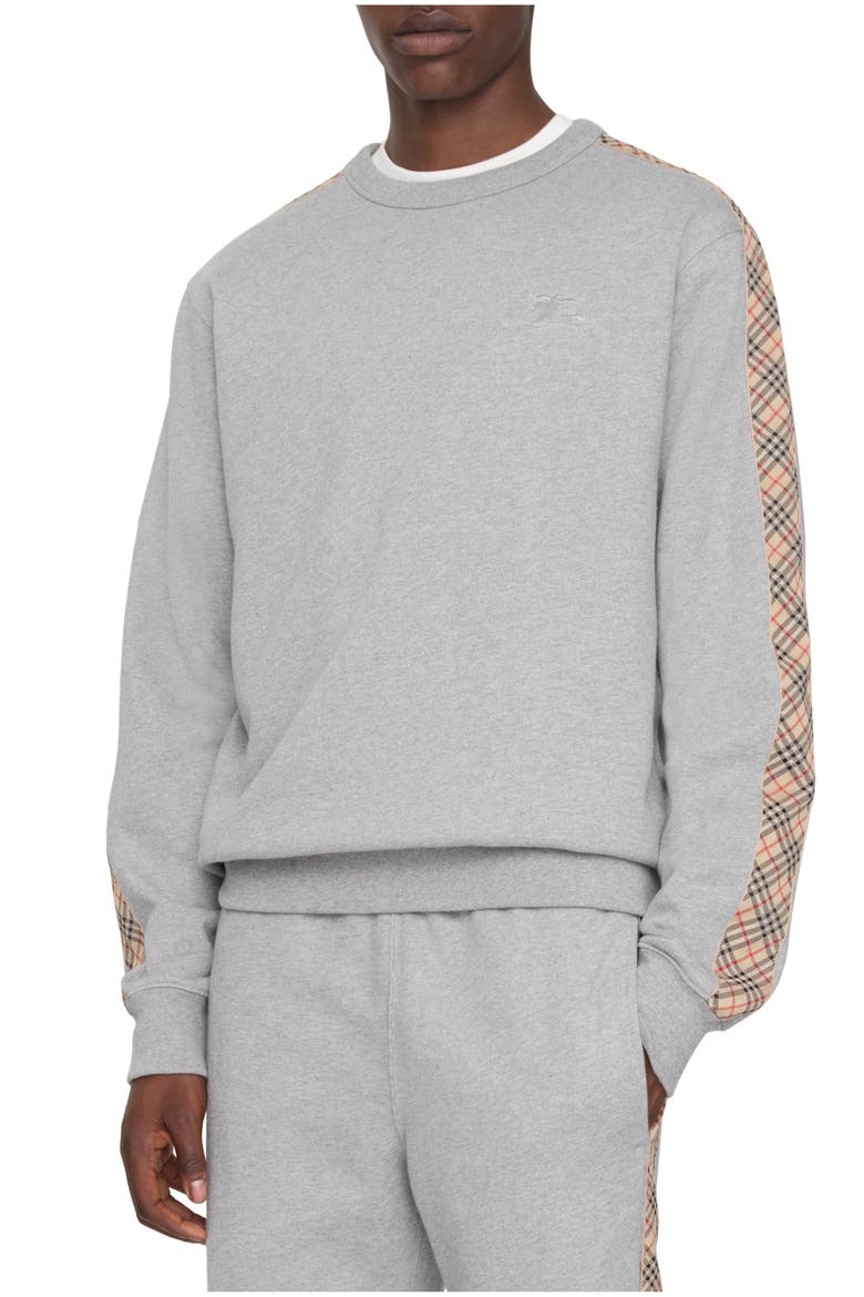 Check Trim Cotton Sweatshirt, Main, color, Pale grey melange