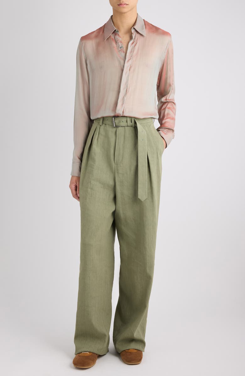 Dries Van Noten Preaches Belted Pleated Wide Leg Linen Blend Pants, Alternate, color, Pistache