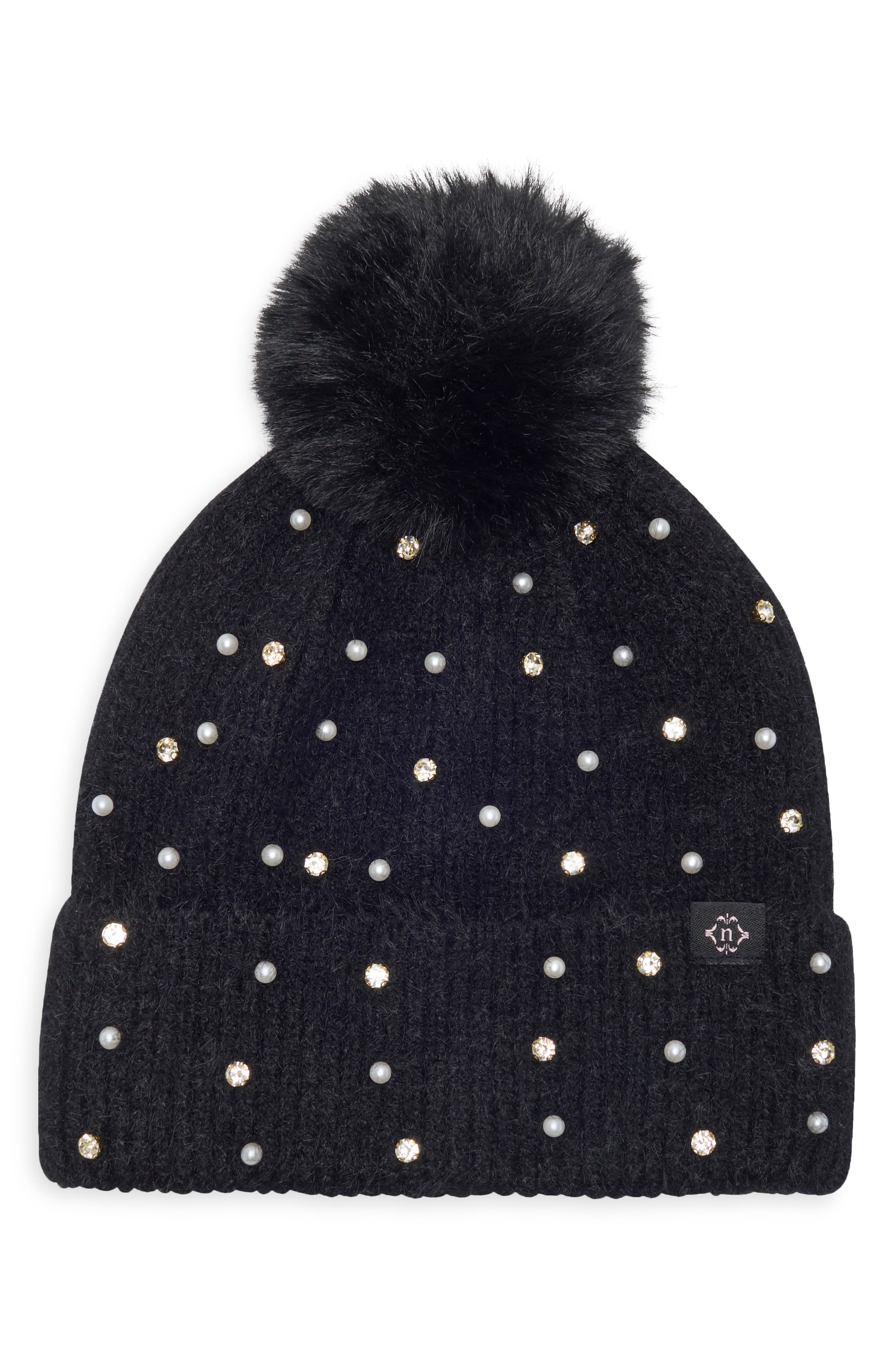 Crystal and Imitation Pearl Embellished Pom Beanie
