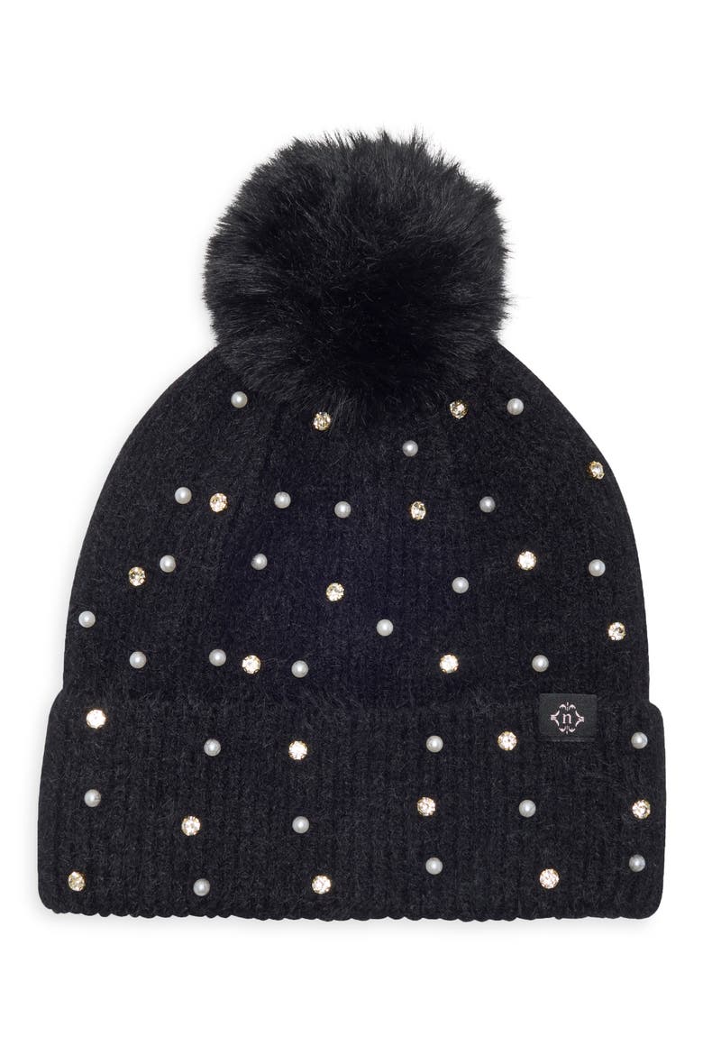 Crystal and Imitation Pearl Embellished Pom Beanie, Main, color, BLACK