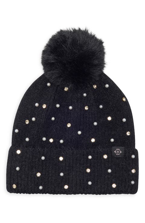 Crystal and Imitation Pearl Embellished Pom Beanie