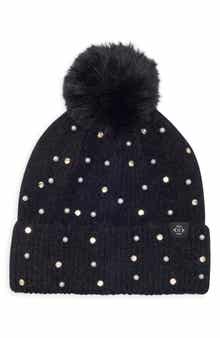 Crystal and Imitation Pearl Embellished Pom Beanie