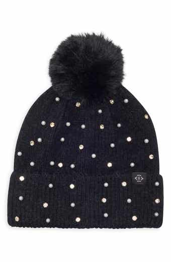 Crystal and Imitation Pearl Embellished Pom Beanie