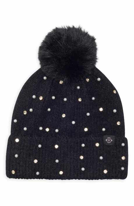 Crystal and Imitation Pearl Embellished Pom Beanie