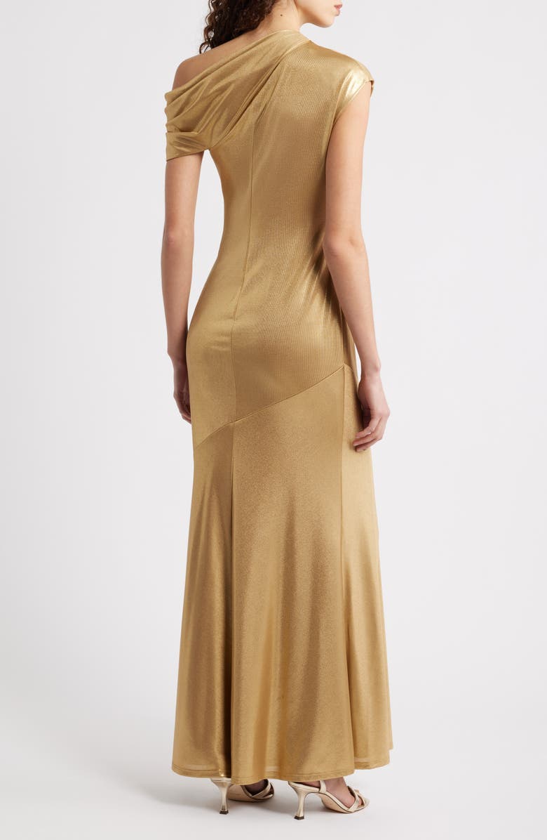 Lauren Ralph Lauren Metallic One Shoulder Gown, Alternate, color, Relic Gold/ Gold Foil