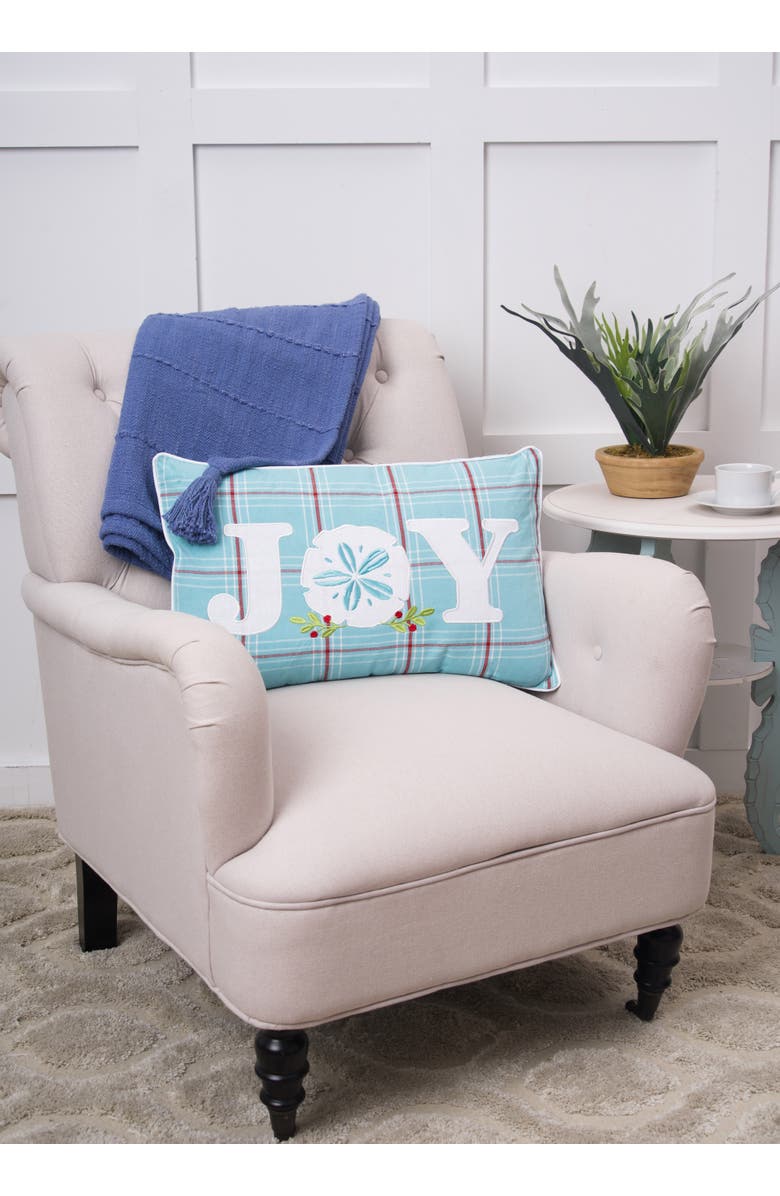 C&F Home Plaid "JOY" Holly Branch Sand Dollar Embroidered Pillow, 14" x 22", Alternate, color, Blue