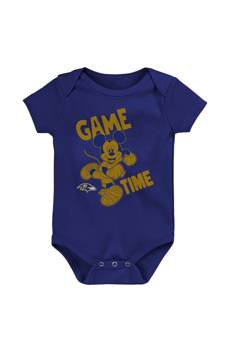 Outerstuff Newborn & Infant Purple/Black/Gray Baltimore Ravens Three-Piece Disney Game Time Bodysuit Set, Alternate, color,
