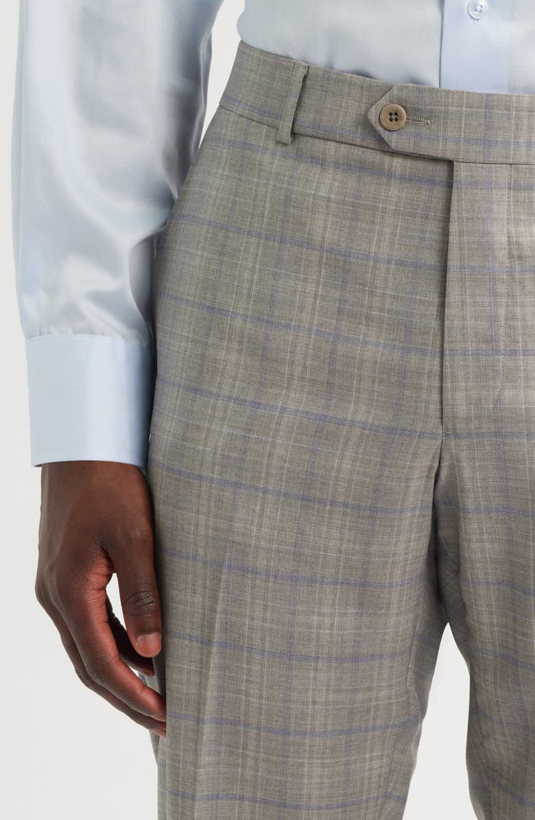 Berle Light Grey Plaid Flat Front Wool Dress Pants, Alternate, color, Sand
