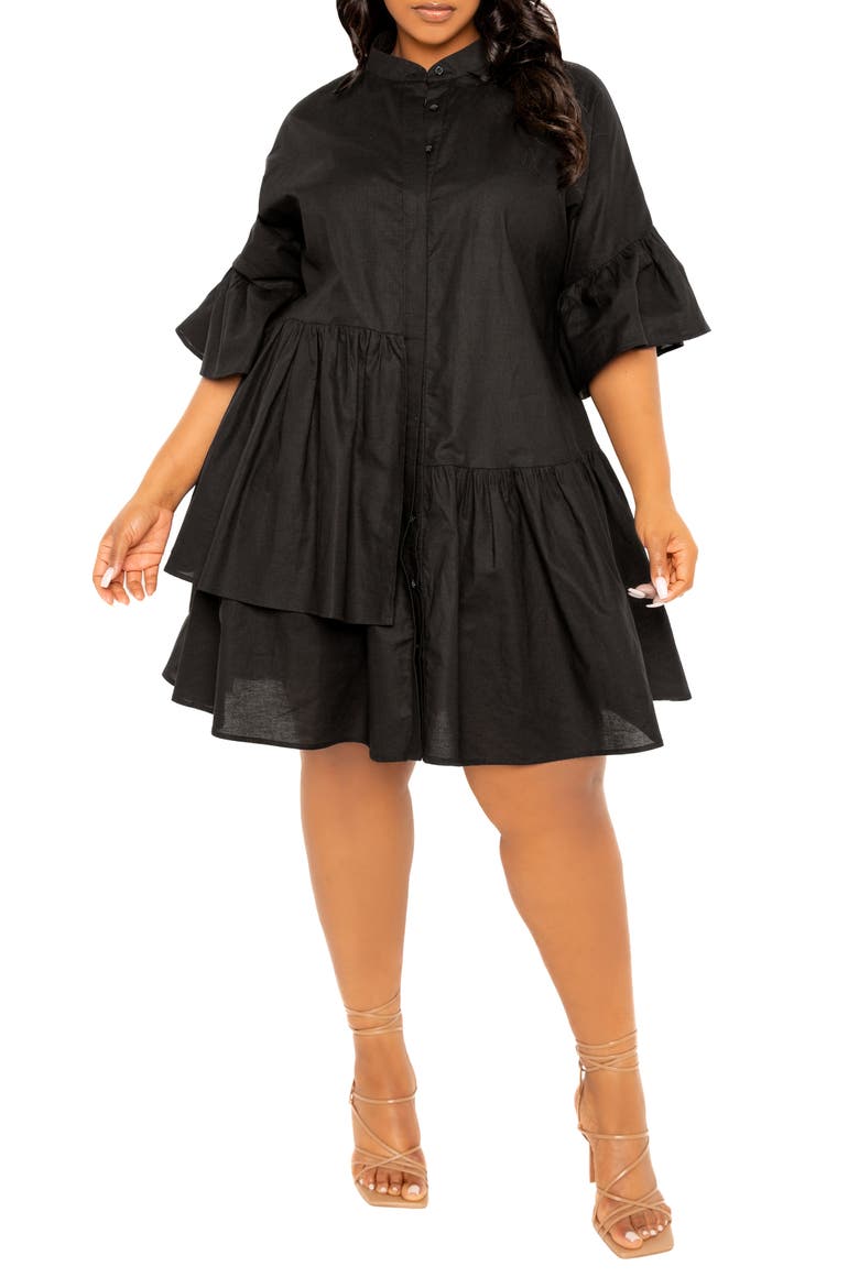 Flutter Sleeve Cotton & Linen Shift Dress, Alternate, color, BLACK
