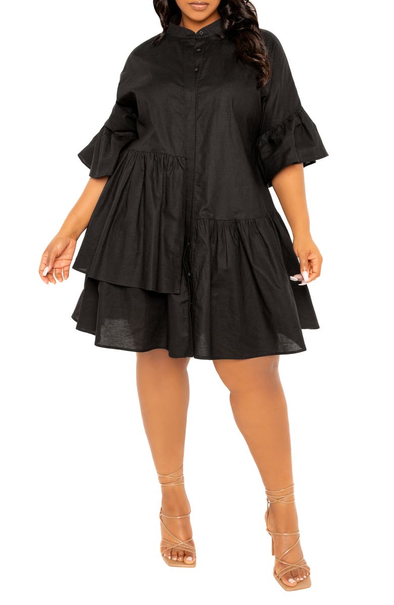 BUXOM COUTURE Flutter Sleeve Cotton & Linen Shift Dress, Alternate, color, Black