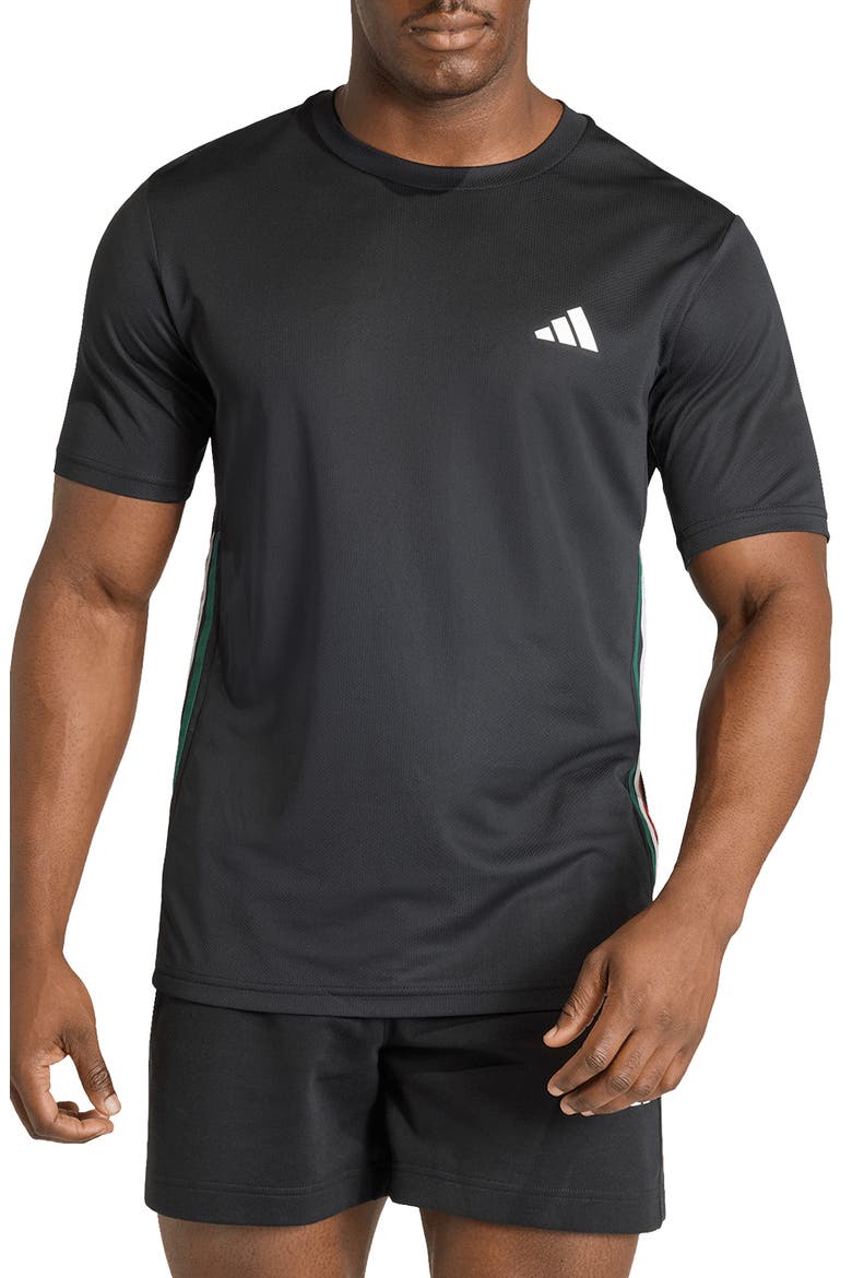 Workout Essential Base 3-Stripes T-Shirt, Main, color, BLACK/DARK GREEN/WHITE/SCARLET
