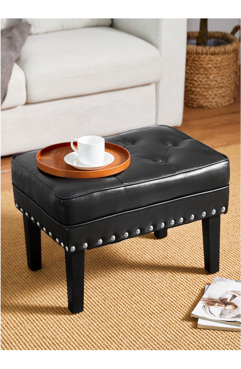 Glitzhome Mid-century Modern Faux Leather Button-tufted Accent Stool, Alternate, color, Black
