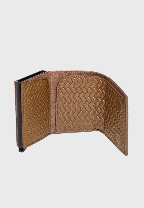 Furniq Uk Genuine Leather Weave Pattern Trifold Card Holder In Brown