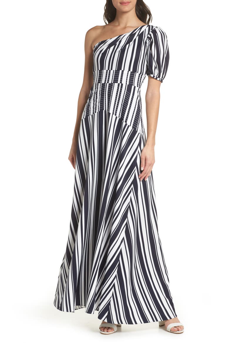 Victoria One-Shoulder Evening Dress, Main, color, NAVY / WHITE