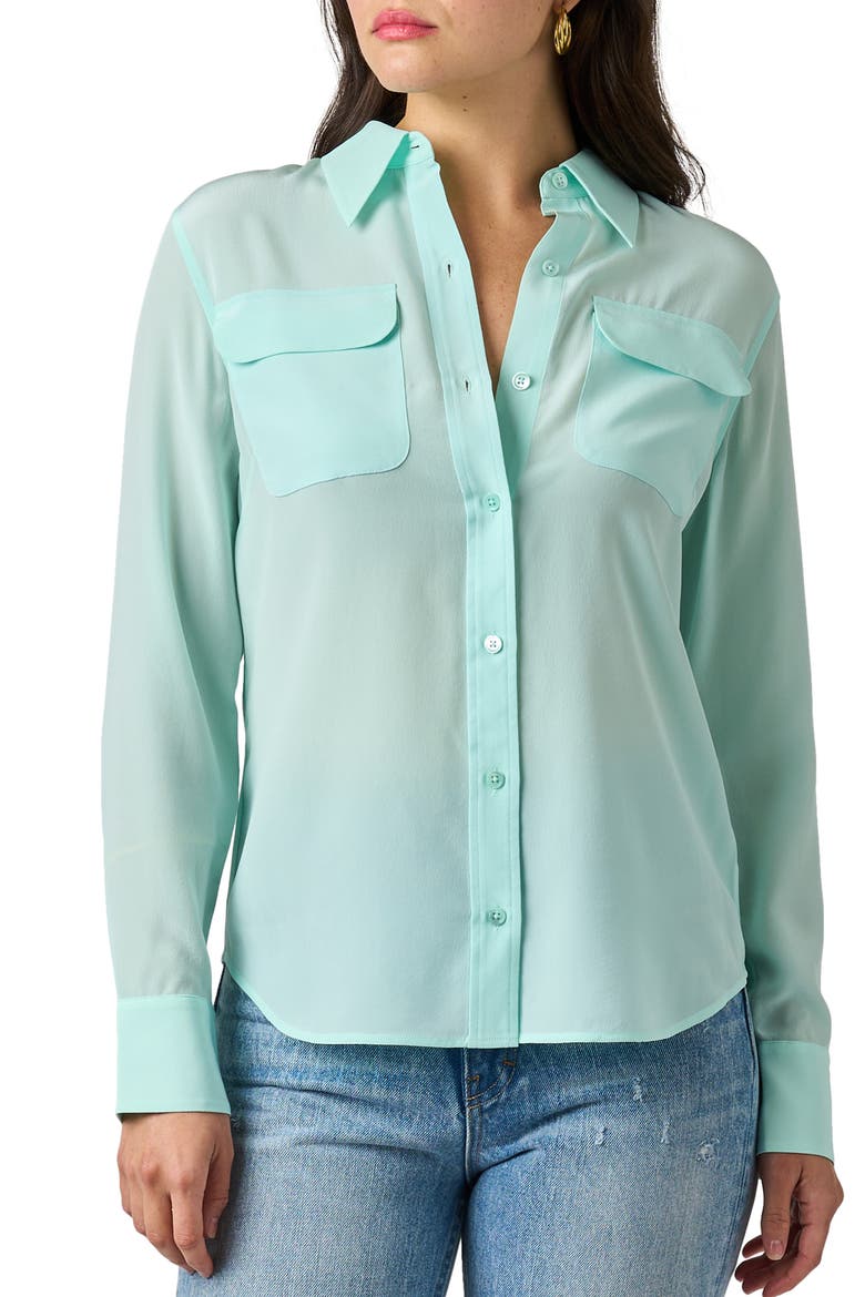 Signature Slim Fit Silk Button-Up Shirt, Main, color, BLUE LIGHT