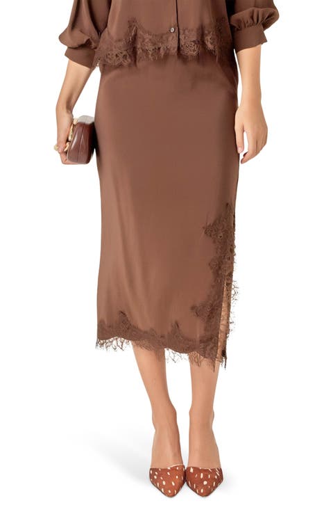 Lace Trim Satin Midi Skirt