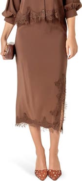 English Factory Lace Trim Satin Midi Skirt