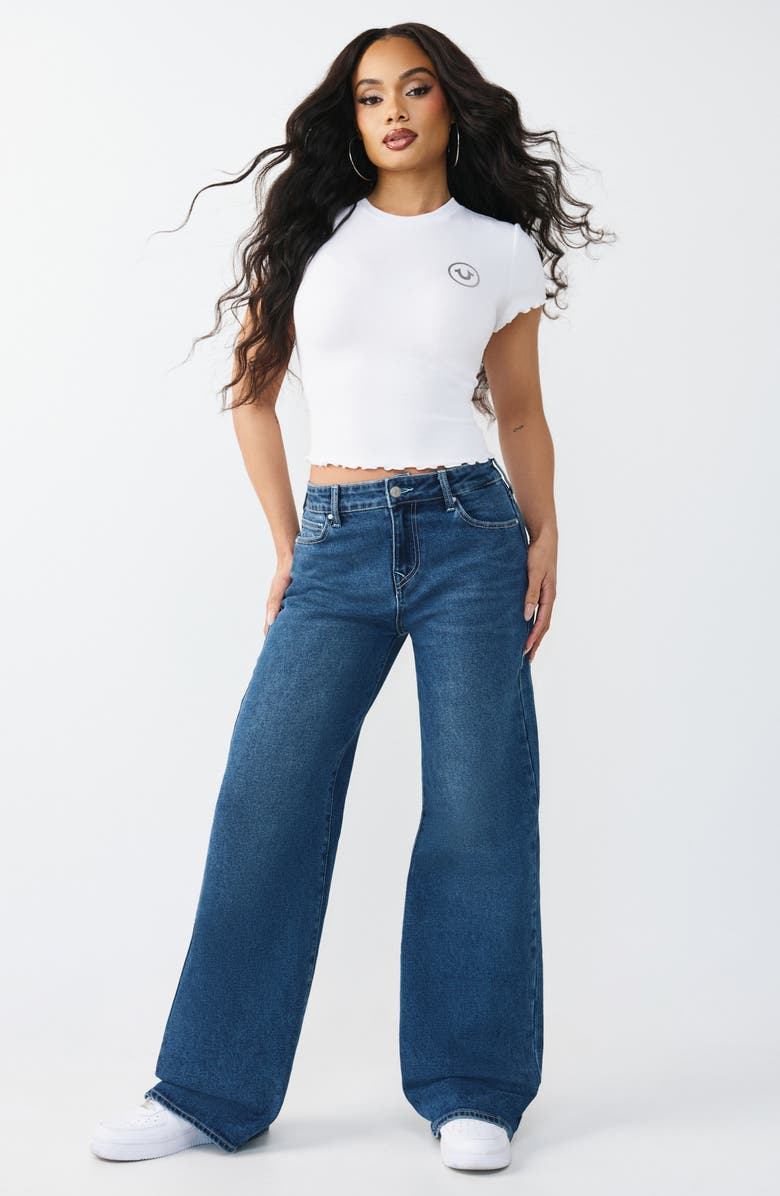 True Religion Rose Lettuce Edge Ribbed Crop T-Shirt, Alternate, color, Optic White