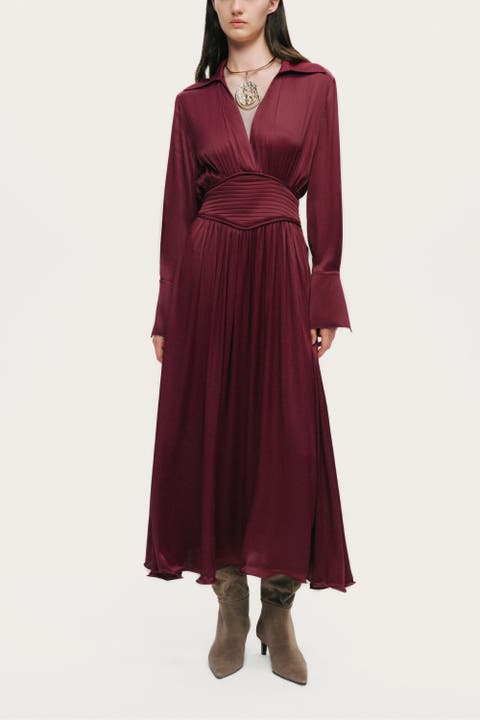 Plunging V-Neck Collared Midi Dress