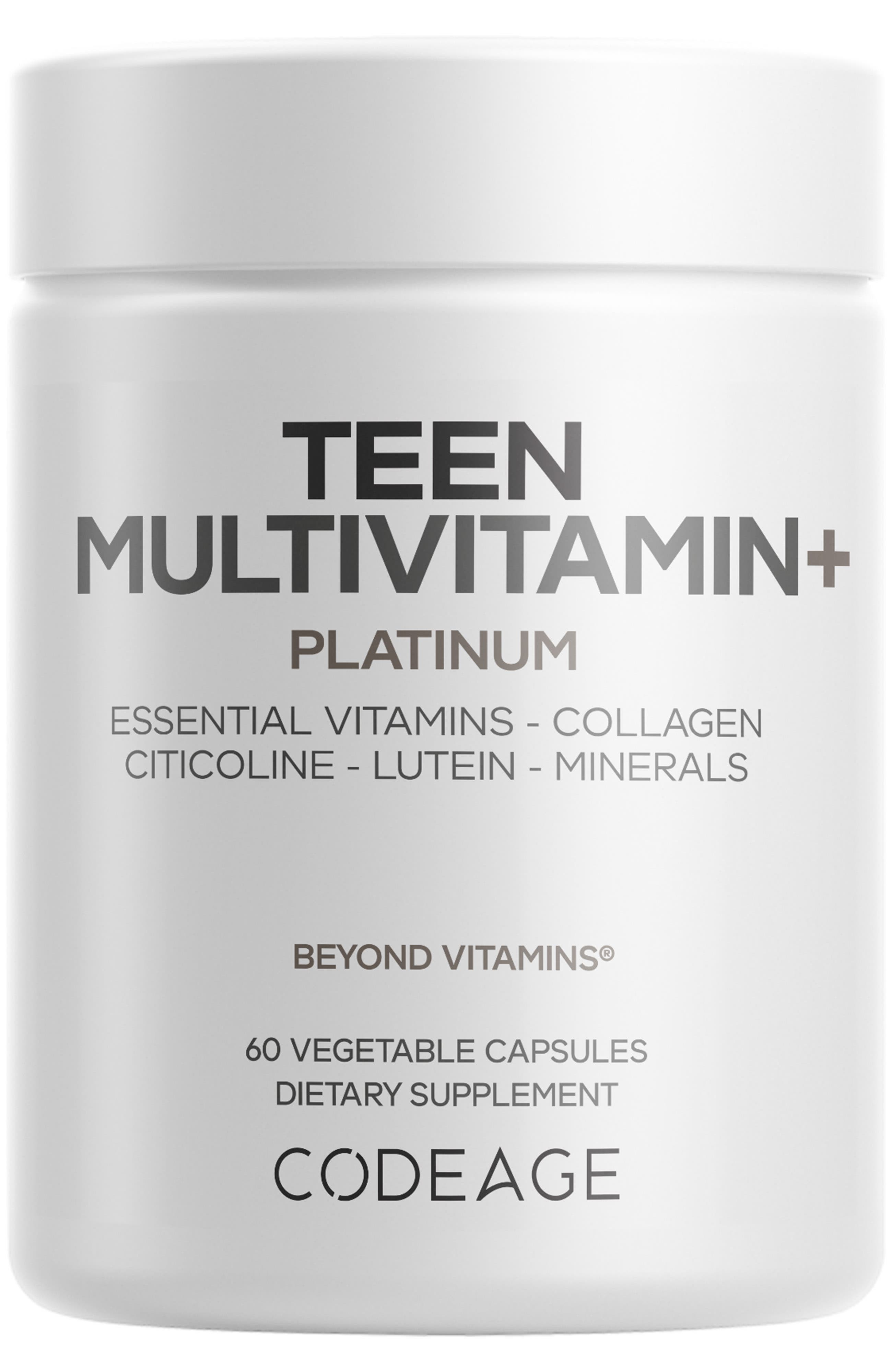Codeage Teen Multivitamin+ Platinum, Vitamin A, E, B12, K2, Citicoline Supplement in White 