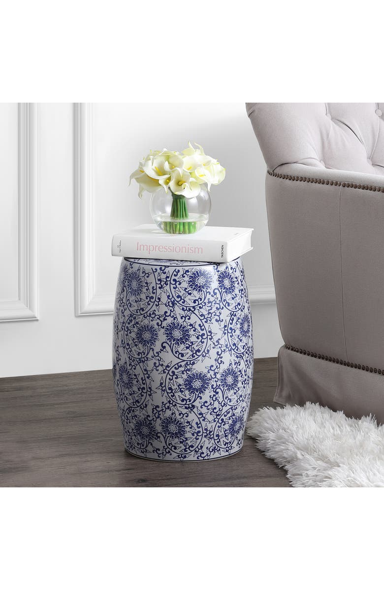 JONATHAN Y Lotus Blossom 17.5" Chinoiserie Ceramic Drum Garden Stool, Alternate, color, Blue/White