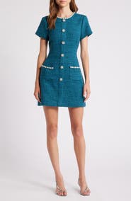 LIKELY Alani Imitation Pearl & Rhinestone Detail Tweed Minidress