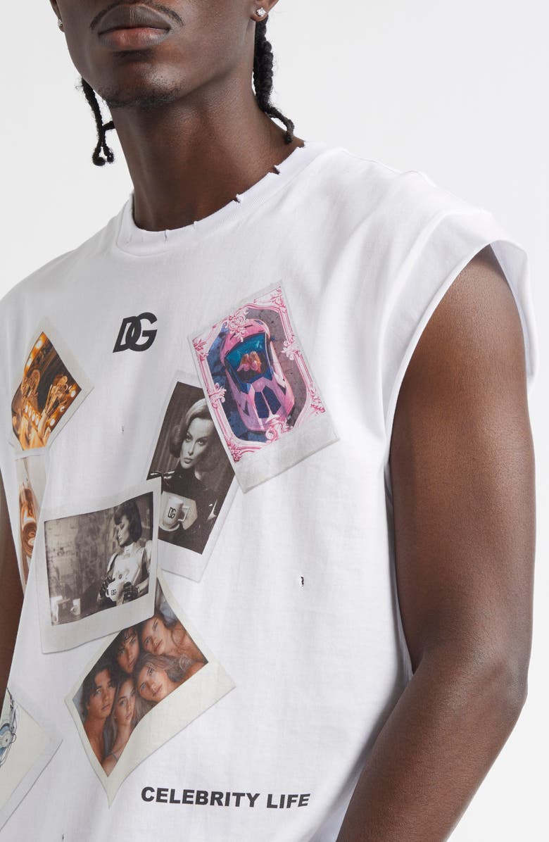 Dolce&Gabbana Postcard Print Distressed Cotton Muscle Tee, Alternate, color, Bianco Ottico