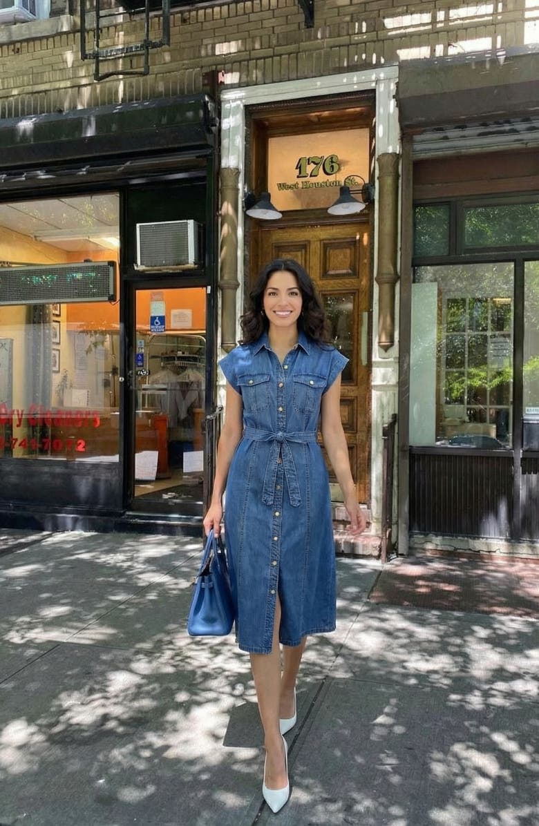 Modenaire Sleeveless Denim Tie Waist Midi Dress, Alternate, color, Medium Wash Blue