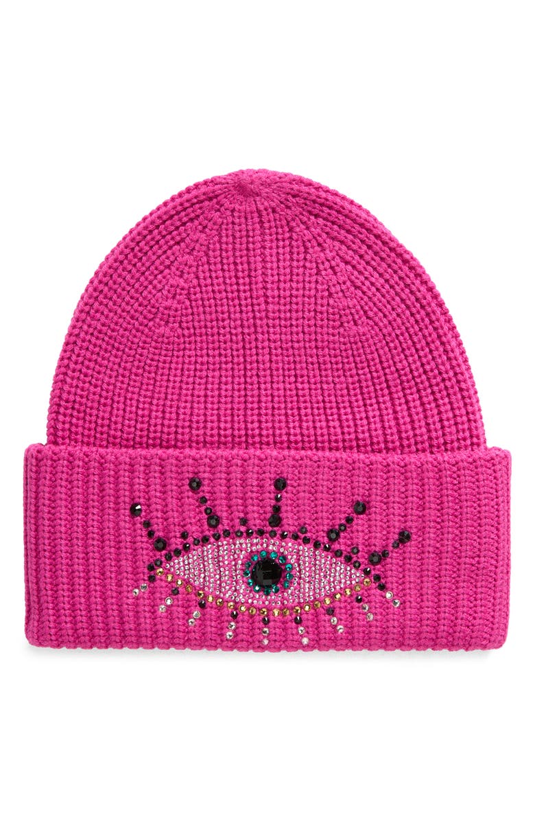 Kurt Geiger London Embellished Evil Eye Beanie, Main, color, Fuchsia