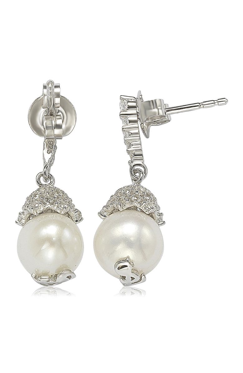 SUZY LEVIAN Sterling Silver 8mm Freshwater Pearl & Created Sapphire Dangle Earrings, Alternate, color, White
