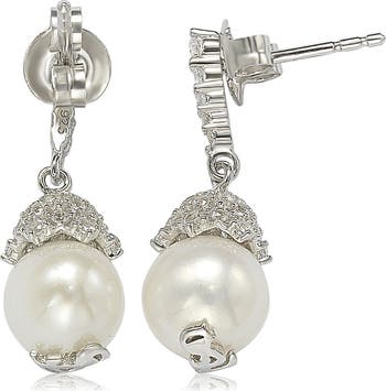 Sterling Silver 8mm Freshwater Pearl & Created Sapphire Dangle Earrings