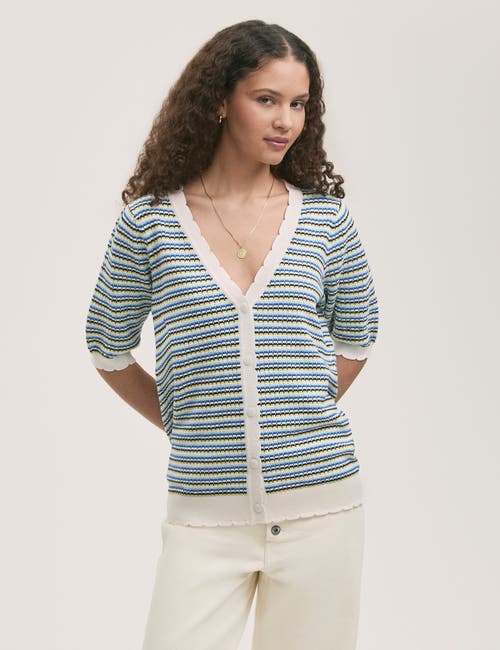 Finery London Willa Short Sleeve Striped Cardigan In Blue