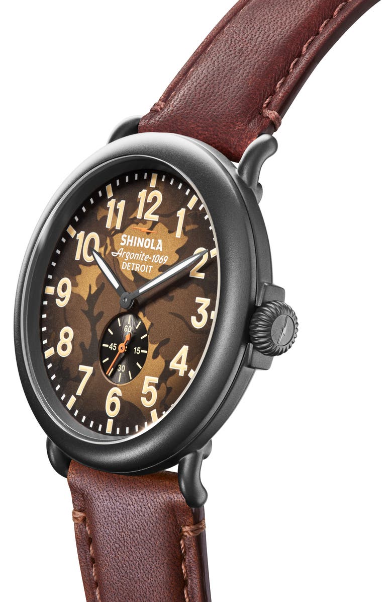 Shinola Runwell Leather Strap Watch, 47mm, Alternate, color, Brown Oak Camo