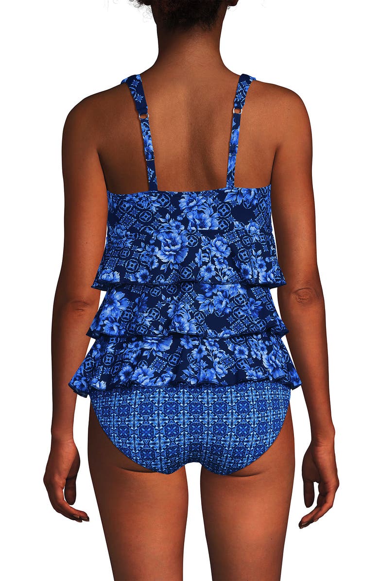 Lands' End Smoothing Control Ruffle Fauxkini One Piece Swimsuit, Alternate, color, Navy Mosaic Floral/Tile Mix