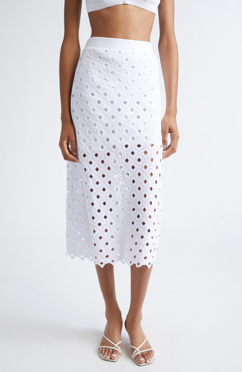 Max Mara Embroidered Jersey Eyelet Midi Skirt, Main, color, Optical White