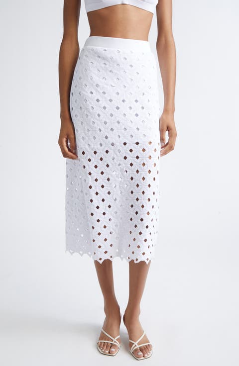 Embroidered Jersey Eyelet Midi Skirt