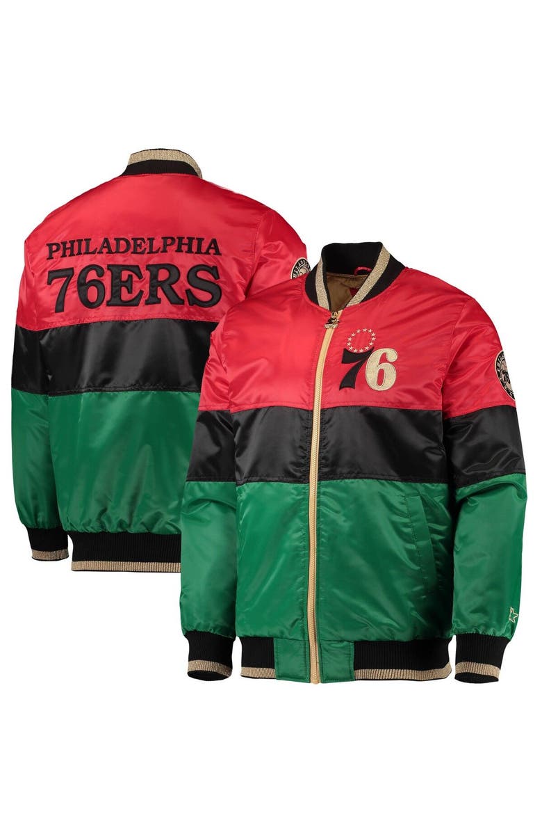STARTER Men's Starter Red/Black/Green Philadelphia 76ers Black History Month NBA 75th Anniversary Full-Zip Jacket, Main, color, Red