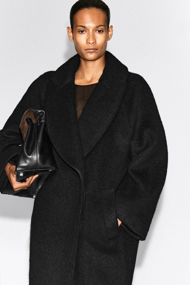 Brushed Wool Maxi Coat, Alternate, color, BLACK