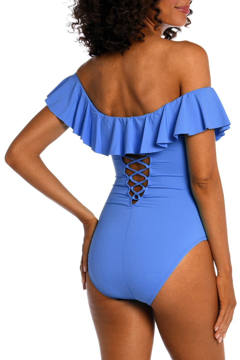 Off the Shoulder Ruffle One-Piece Swimsuit, Alternate, color, CHAMBRAY