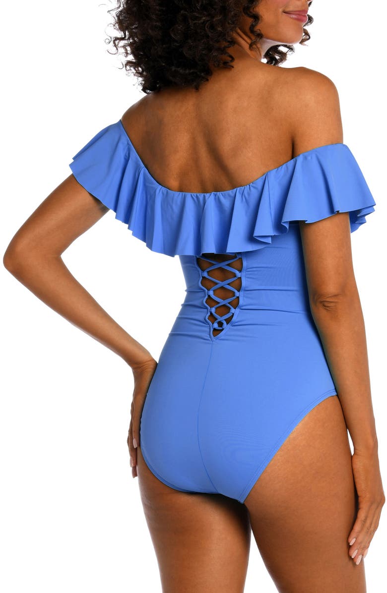 La Blanca Off the Shoulder Ruffle One-Piece Swimsuit, Alternate, color, Chambray
