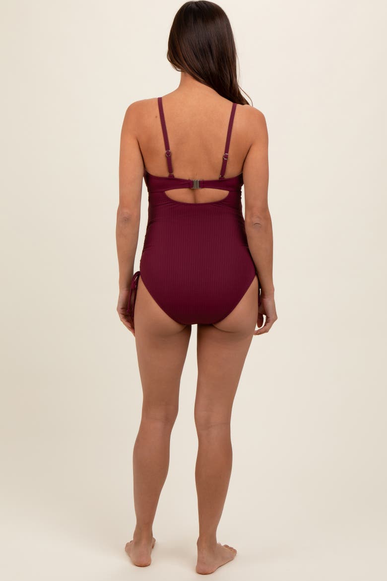 Ribbed Wrap Front Drawstring Side One-Piece Swimsuit, Alternate, color, Plum