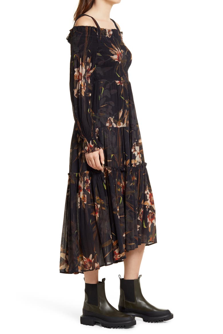 Lillemor Kuroyuri Floral Long Sleeve Midi Dress, Alternate, color, BLACK