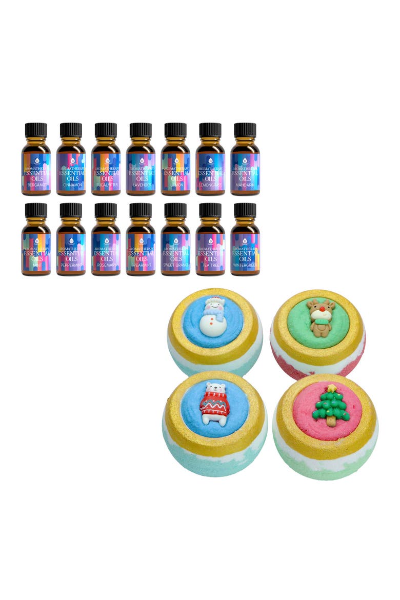 Holiday Bliss Gift Set Aromatherapy Bath Bombs & Essential Oils, Main, color, Brown