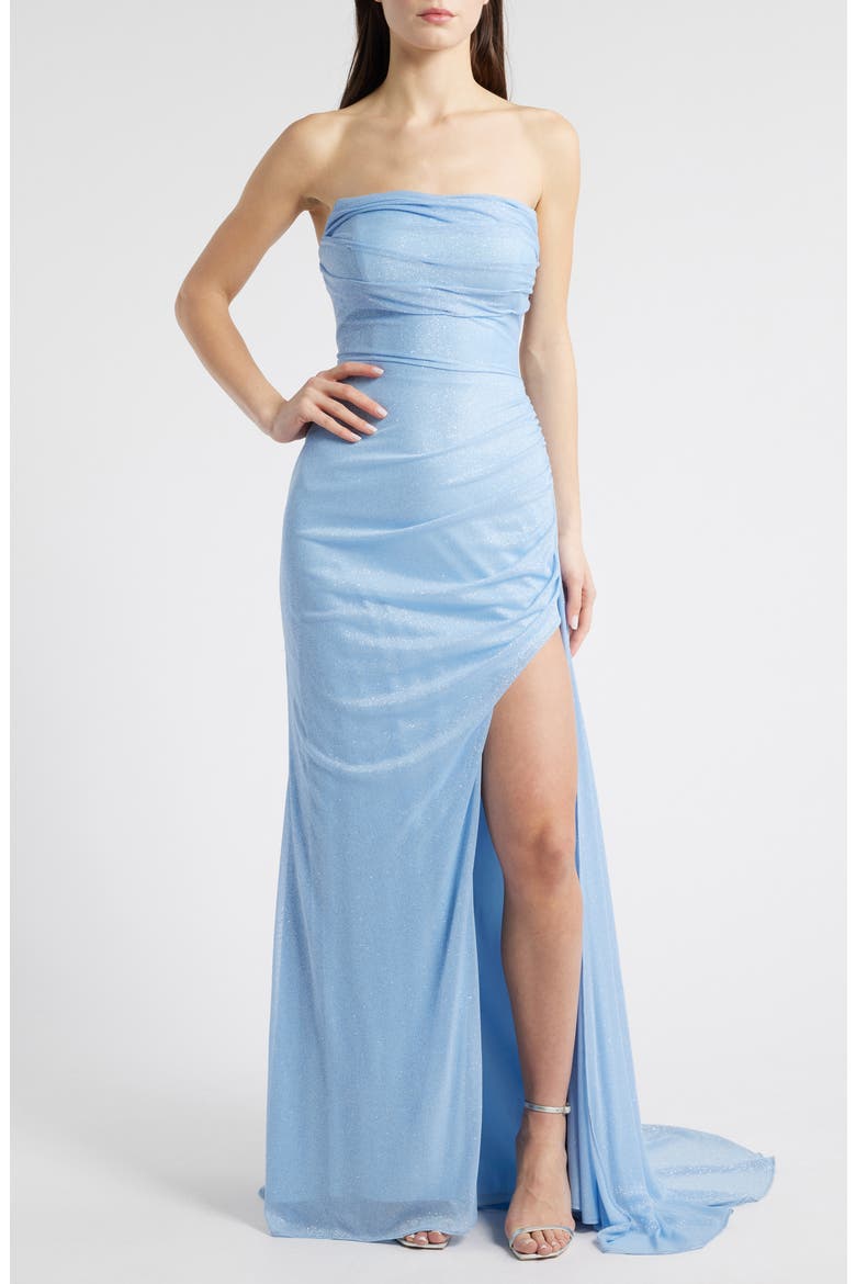 Glitter Strapless Lace-Up Gown, Main, color, LIGHT BLUE