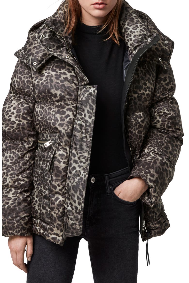Kala Leopard Puffer Coat, Alternate, color, BROWN