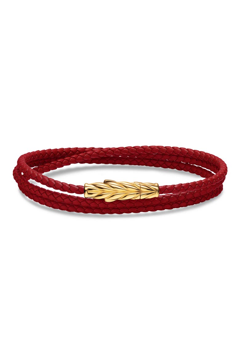 Men's Chevron Triple Wrap Bracelet in Leather with 18K Yellow Gold, 3mm, Main, color, RED