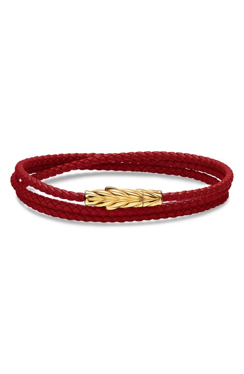 Men's Chevron Triple Wrap Bracelet in Leather with 18K Yellow Gold, 3mm