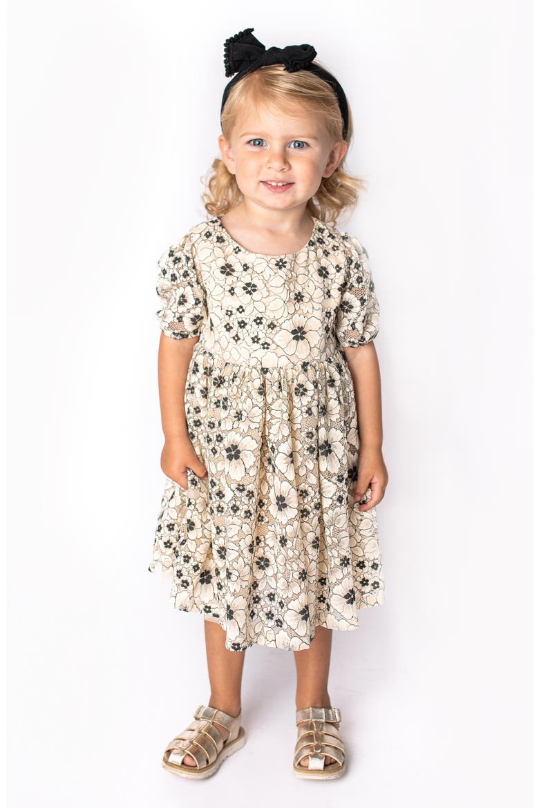 Kids' Floral Puff Sleeve Lace Dress, Alternate, color, BLACK/ IVORY